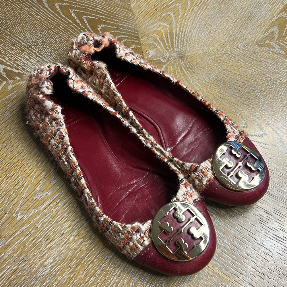 TORY BURCH Burgundy Tweed Flats 7.5